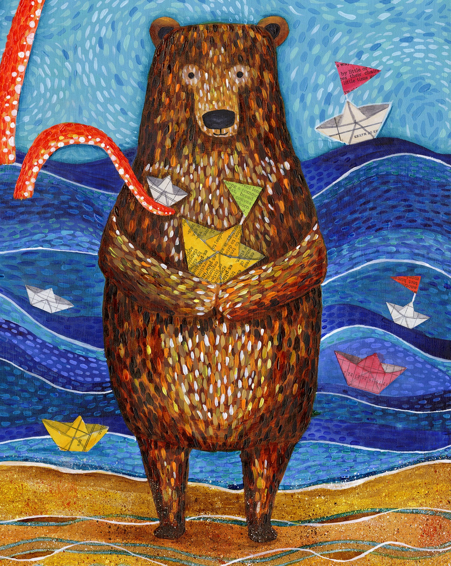 Paper Boat Bear and Giant Squid - Print