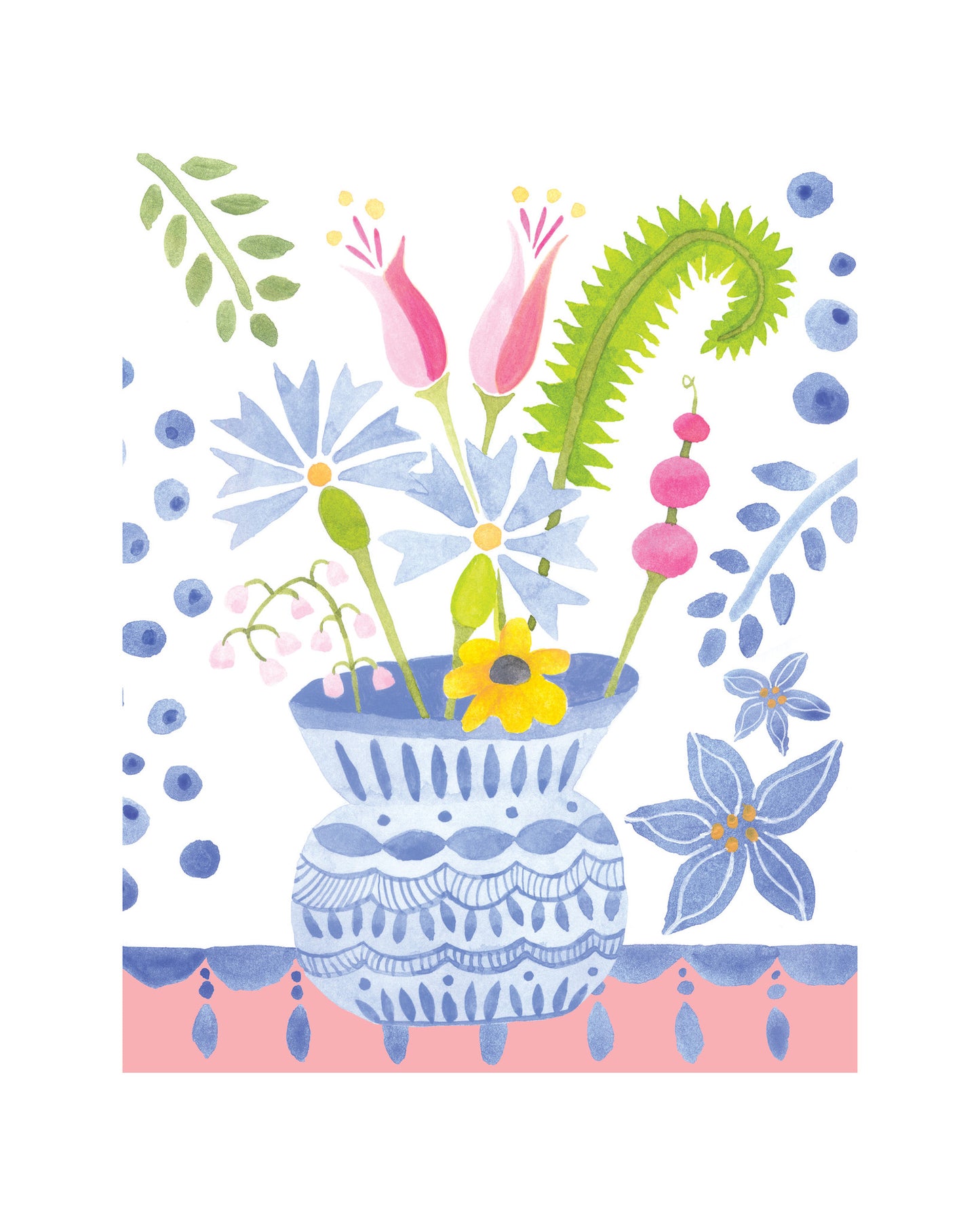 blue flower vase on pink table print