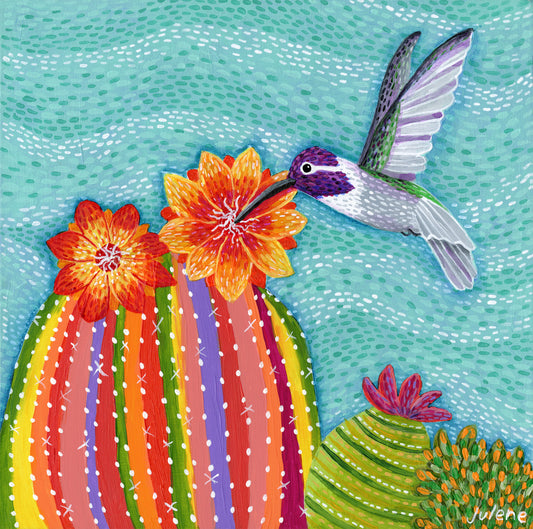 Costa Hummingbird & Barrel Cactus print