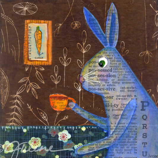 Blue Bunny Drinking Tea - Print