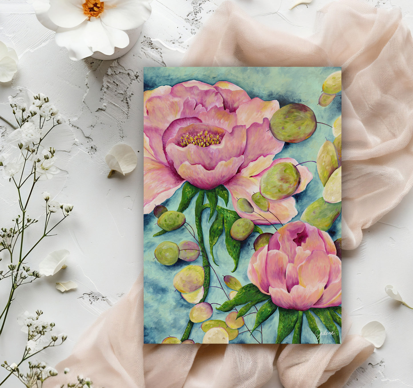 Peonies & Lunaria Honesty greeting card