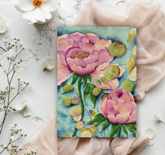 Peonies & Lunaria Honesty greeting card