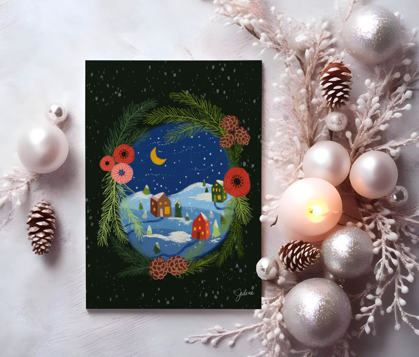 Pinecone Village holiday greeting card
