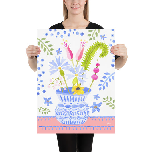 Blue Pot Flowers Large Print 18x24