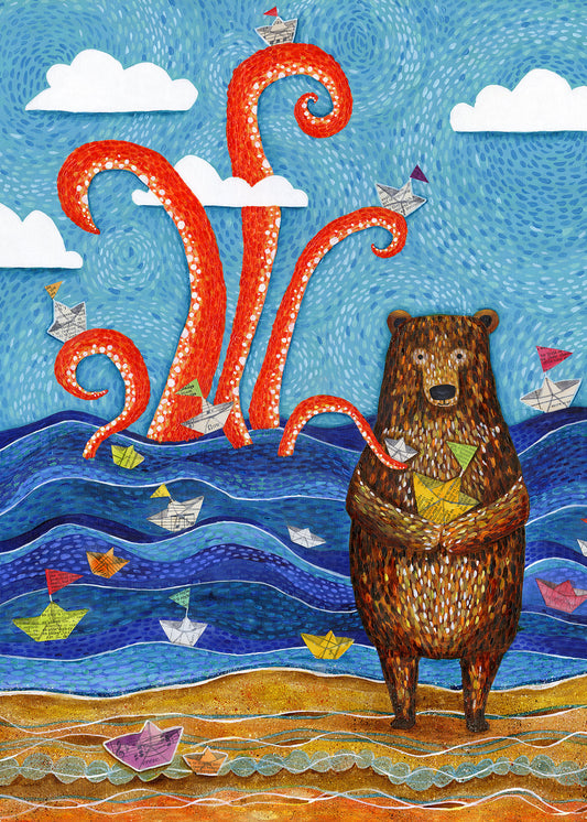 Paper Boat Bear & Giant Squid greeting card