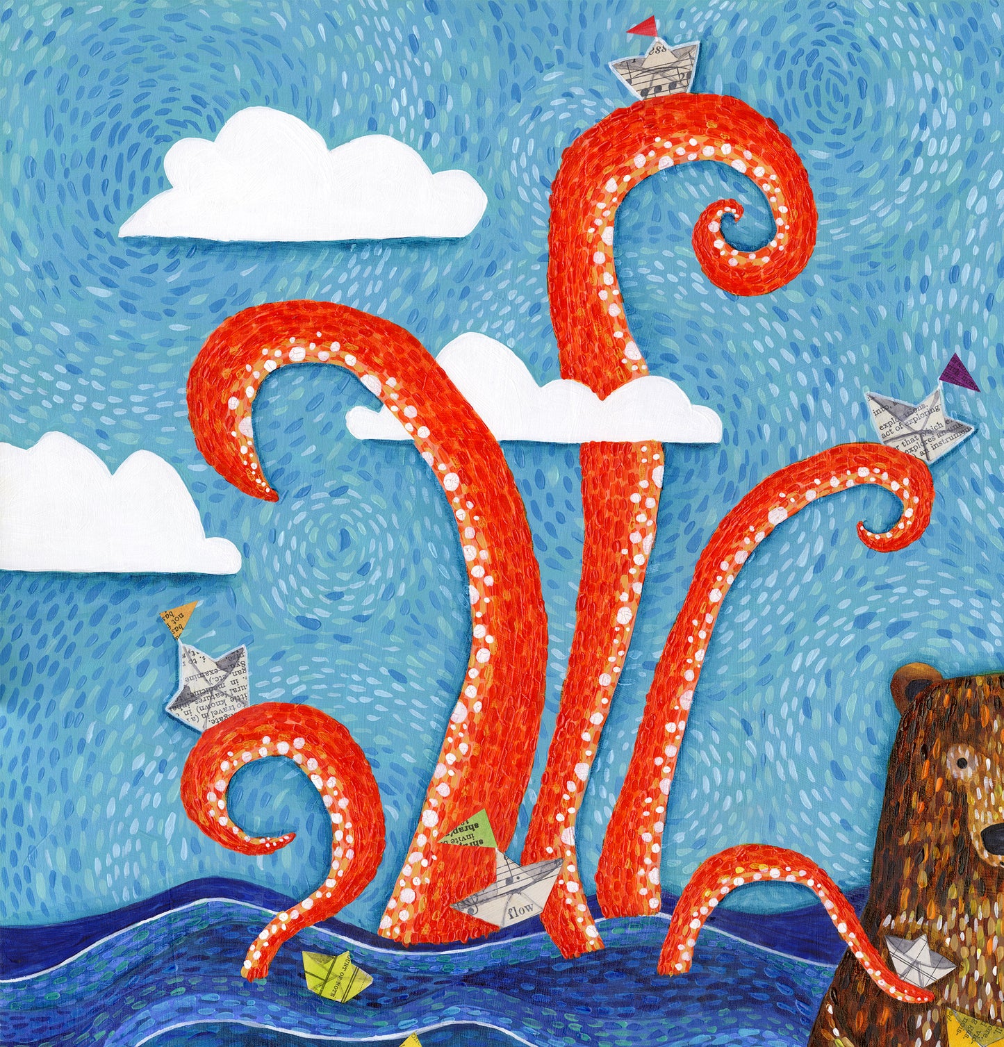 Paper Boat Bear and Giant Squid - Print