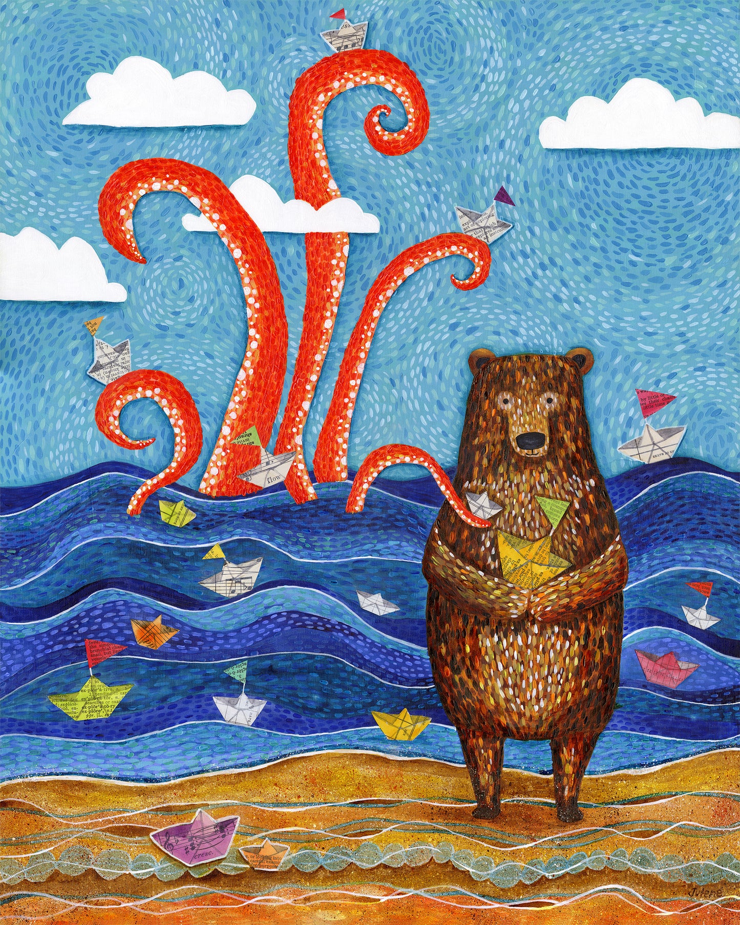 Paper Boat Bear and Giant Squid - Print