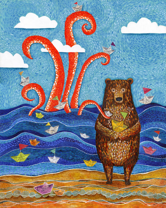 Paper Boat Bear and Giant Squid - Print