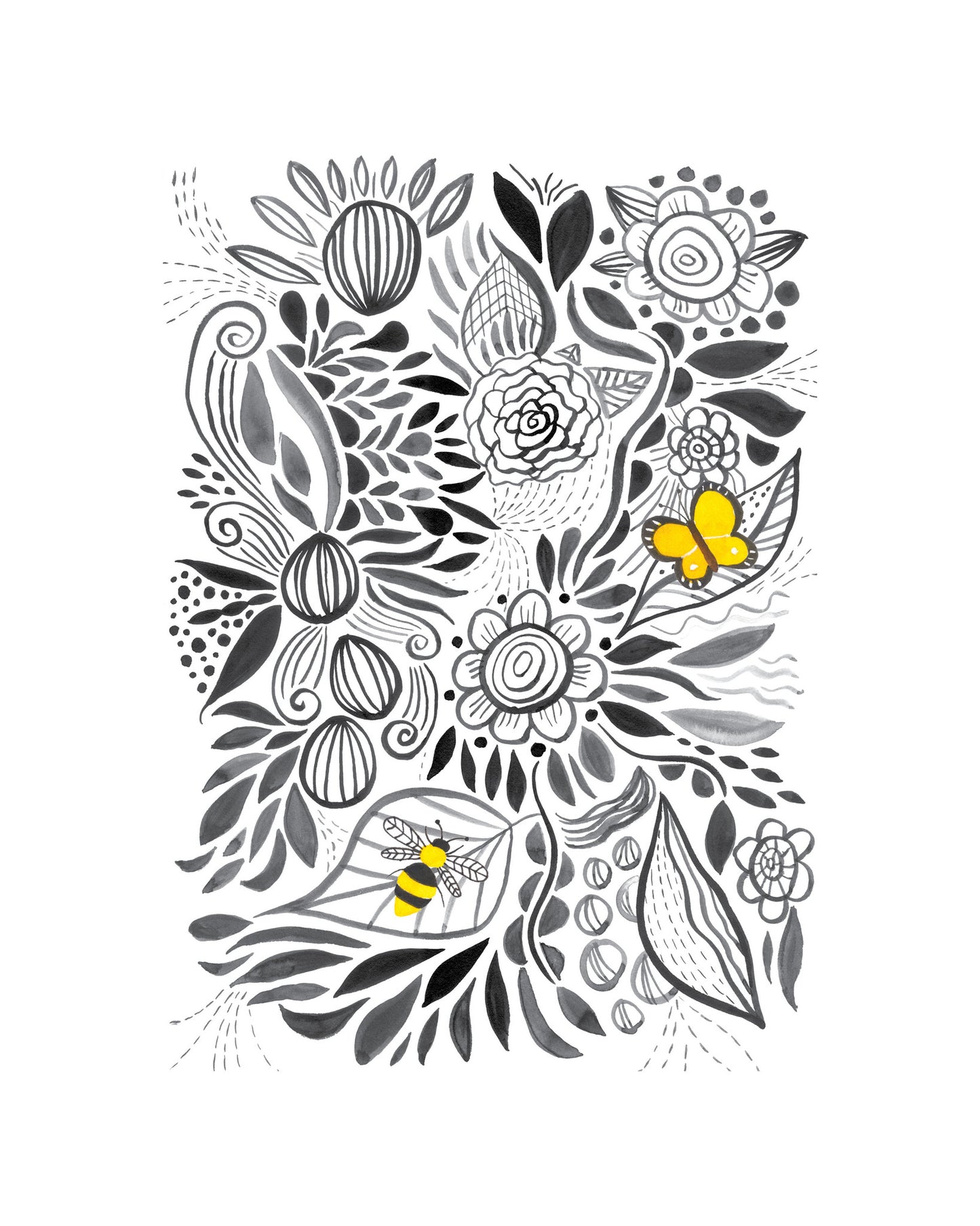 black and white flowers with yellow sulphur butterfly print
