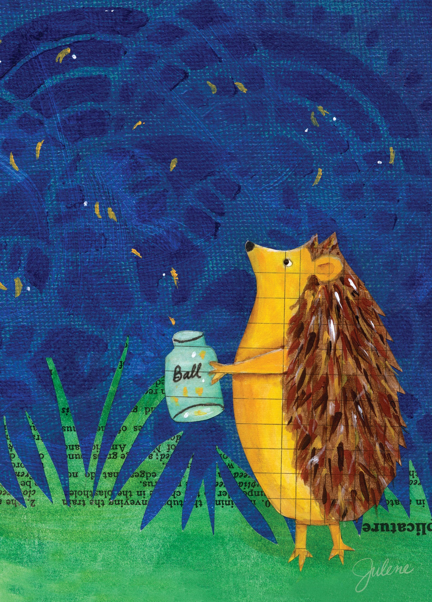 Hedgehog + fireflies greeting card