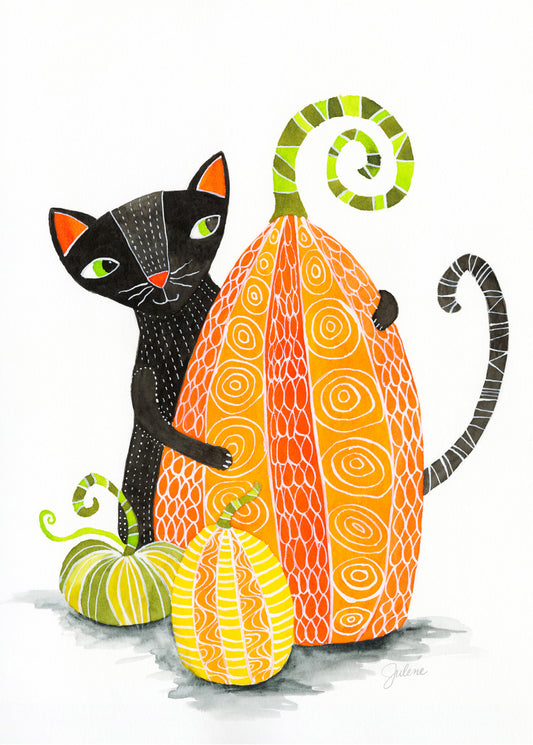 Black Cat and Pumpkins - greeting card