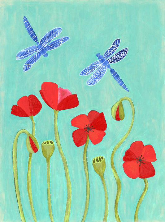 Red Poppies and Dragonflies - Print