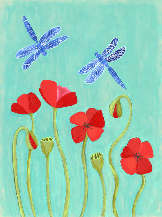 Red Poppies and Dragonflies greeting card