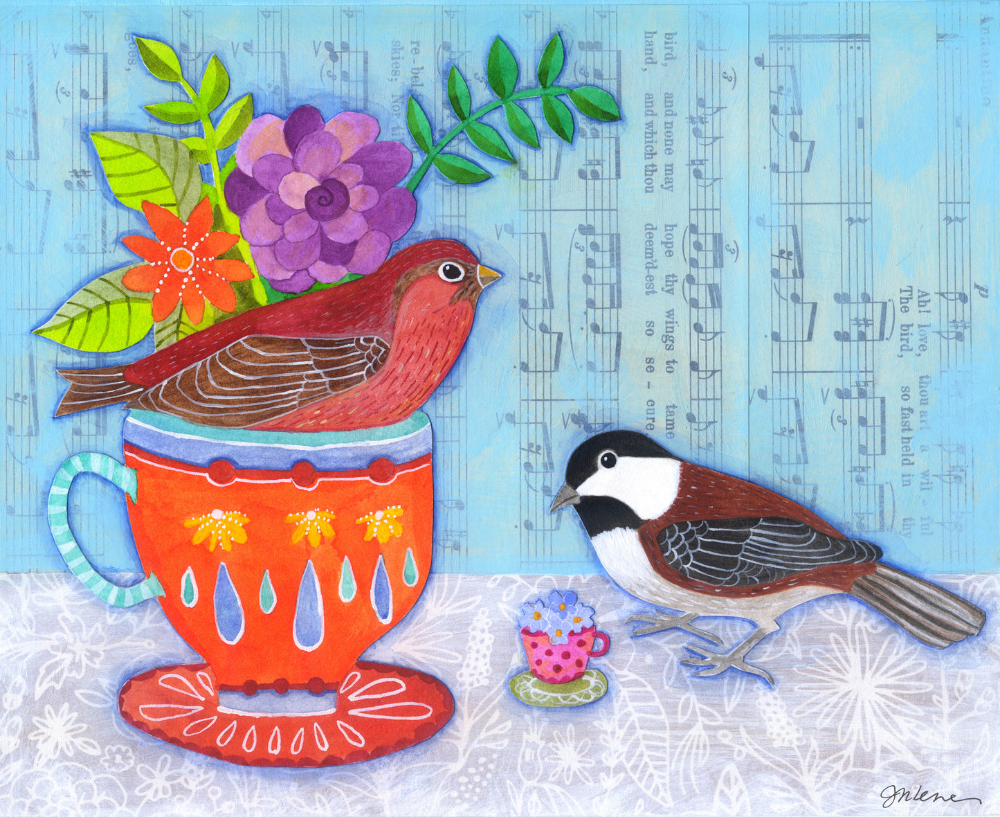Finch & Chickadee Teacup - Print